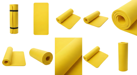 Yellow Yoga Mat - Rolled and Unrolled, Isolated on White Background