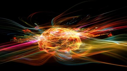 A digital brain surrounded by holograms