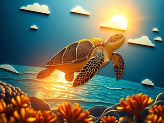 A majestic sea turtle outlines a whimsical ocean vista, rendered in crisp vector paper cuts, a jewel on navy blue,  vibrant,  papercraft