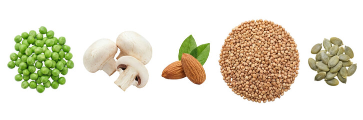 Fototapeta premium Assorted Healthy Food Ingredients: Peas, Mushrooms, Almonds, Buckwheat, Pumpkin Seeds