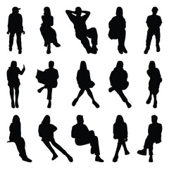 Vector collection set of sitting people silhouettes.	