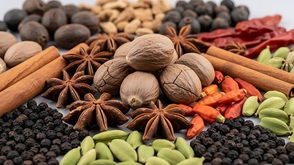 Assorted spices and seasonings including cinnamon sticks and star anise arranged closely with various other ingredients on a flat surface viewed from directly above
