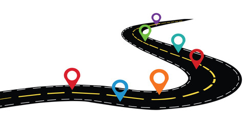 Winding road map colorful with location markers, curved, highway, guide, route, with infographic destination pins, navigation path, design, travel and journey concept vector illustration.