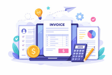 Financial management tools with calculator, invoice, and coins