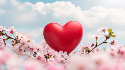 Heart shape surrounded by pink flowers under blue sky with clouds in spring season