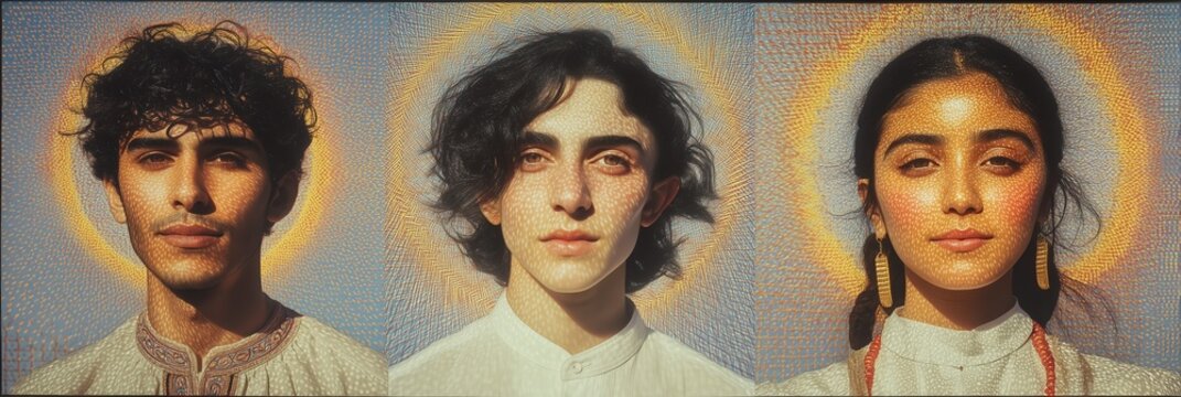 Painterly portrait of north african moroccan algerian tunisian young men and woman against textured light background with soft classic tones Concept of timeless cultural heritage