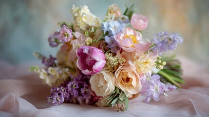 Spring wedding bouquet with fresh pastel flowers, light and airy composition, romantic bridal mood. 