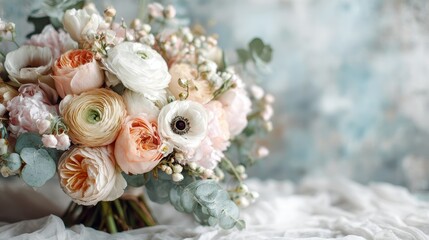 Spring wedding bouquet with fresh pastel flowers, light and airy composition, romantic bridal mood. 