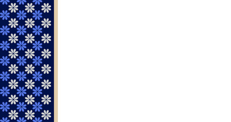 Elegant layout with blue floral side panel and large white blank copy space.