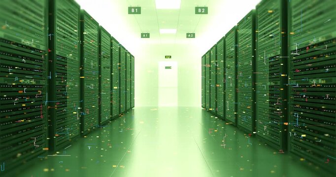 Futuristic Server Room with Endless Racks and Flying Data Flows 4K. Technology Related 3D Animation.