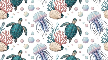 Vibrant ocean creatures seamless pattern with sea turtles and jellyfish
