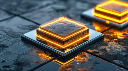 Cubes with glowing neon accents, set against a dark, textured, tiled surface