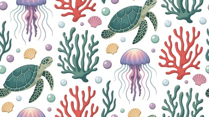 Vibrant ocean creatures and coral reef elements in colorful seamless pattern