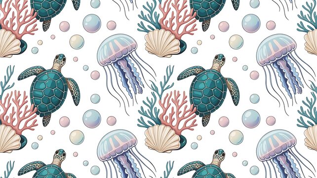 Vibrant ocean creatures seamless pattern with sea turtles and jellyfish