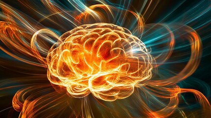 A digital brain surrounded by holograms 