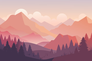 Minimal soft landscape showing a distant forest and mountains with warm sunset tones