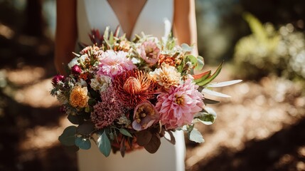 Sustainable wedding bouquet using locally sourced flowers, natural light, eco-friendly wedding concept. 
