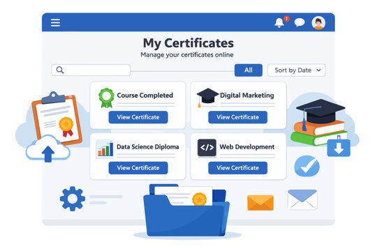 Online certificate management dashboard with course completion and digital marketing options - Powered by Adobe