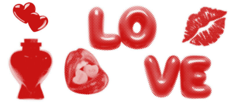 Valentine elements set. Love potion, flying hearts, LOVE text, lip print, and lips with heart candies in red halftone style for romantic designs isolated on PNG background.
