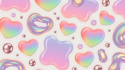 Vibrant pastel hearts and pearls on white background, colorful shiny illustration