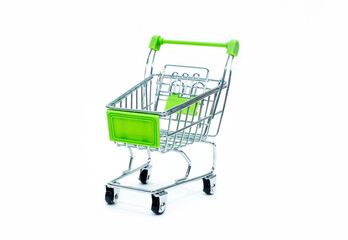 A metal shopping cart with a grocery basket and green plastic on a white background.
