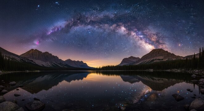 Mountain lake reflects night sky, milky way, and starlight panorama
