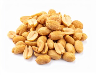 Fototapeta premium Large inviting pile of roasted and salted peanuts, some perfectly whole and others split open to reveal their creamy centers, elegantly arranged on a pristine white background