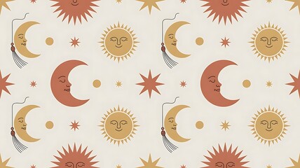 Whimsical celestial pattern with smiling suns and moons in warm colors