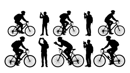 Vector illustration of a mountain bike silhouette featuring an extreme sport cyclist in action riding a bicycle with a helmet and wheel © Sabbir Hossain