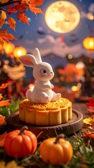 Autumnal still life featuring a white rabbit atop a patterned mooncake under a full moon, surrounded by falling leaves