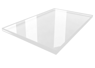 A clear, rectangular sheet of transparent material, likely acrylic or plexiglass, shown at an angle. The surface exhibits strong reflections and highlights, suggesting a smooth, glossy finish.