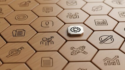 Elevated gear icon on a metallic hexagon surrounded by wooden business and technology symbols