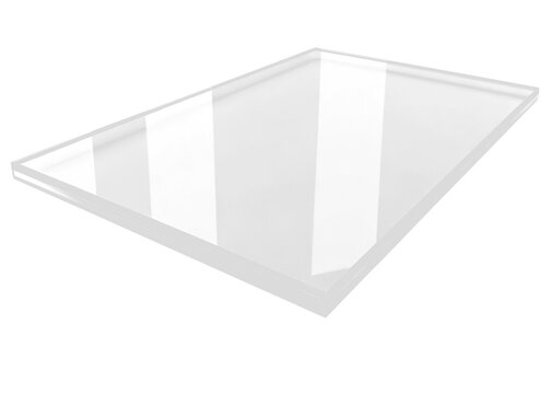 A clear, rectangular sheet of transparent material, likely acrylic or plexiglass, shown at an angle. The surface exhibits strong reflections and highlights, suggesting a smooth, glossy finish.