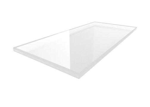 A rectangular, clear acrylic or plexiglass sheet, possibly a glass panel. The material is transparent with glossy edges and surface reflections, isolated against a Transparent background.