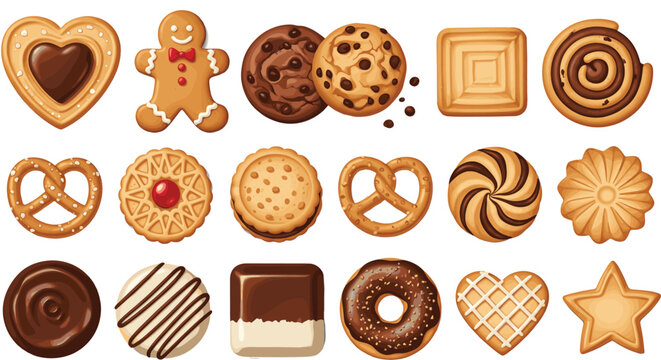 Sweet Cookie and Biscuit Icon Set with Chocolate, Gingerbread, and Pastry Desserts for Bakery Packaging, Menus, Stickers, and Food Designs