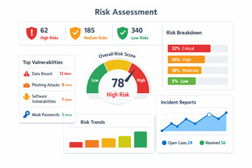 Comprehensive risk assessment dashboard with vulnerabilities and incident reports visualization