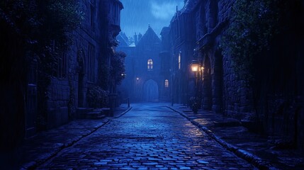 Rainy dark alley with cobbles and an old building in the distance.