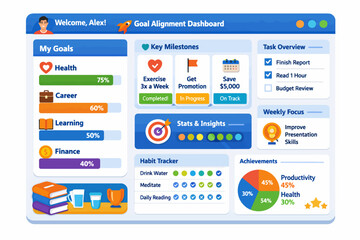 Goal alignment dashboard interface for personal productivity and milestone tracking