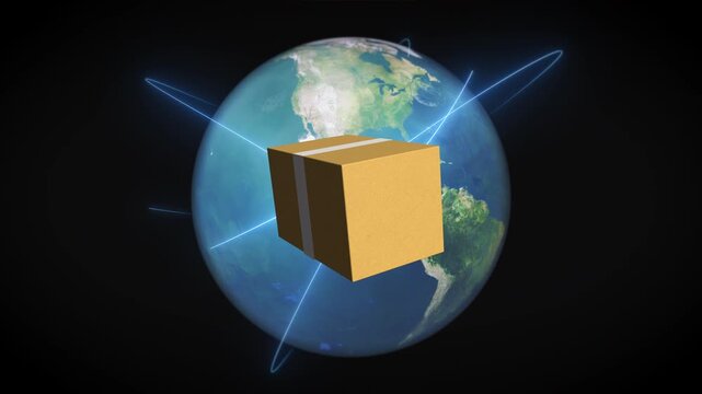 Vertical animation of a shipping box orbiting Earth with glowing routes, representing global online shopping, international delivery, cross-border e-commerce, and worldwide logistics networks