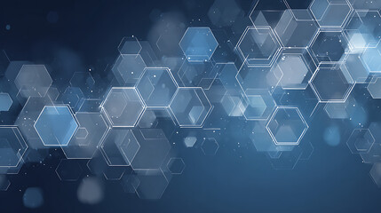 Futuristic blue hexagons background with glowing white outlines and particles