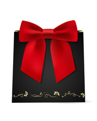 Black Gift Bag with Red Bow, Gold Floral Decor, Gift, Vip, Presentation, Mockup, Vector