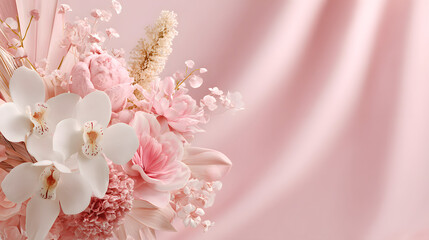 Modern wedding festive soft pink aesthetic background with elegant romantic details and ample copy space