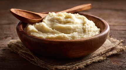 Mashed parsnip served in a shallow bowl with wooden spoon, creamy texture emphasized, warm natural tones, farmhouse minimal food styling