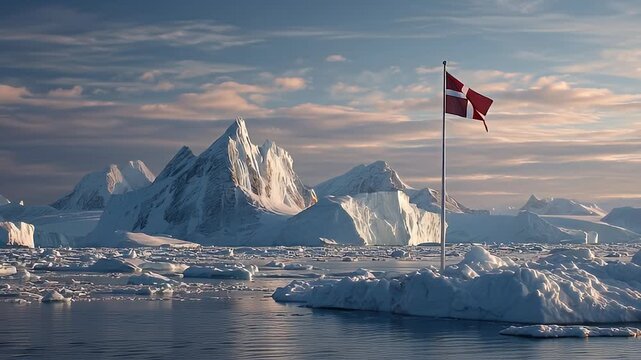 The Danish flag waves proudly above icy Arctic waters at sunrise