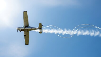 Small white and blue airplane flying in a blue sky with white clouds and dotted lines small plane