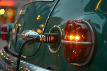 Vintage electric car charging on a city street at dusk, showcasing the blend of classic automotive design with modern sustainable technology
