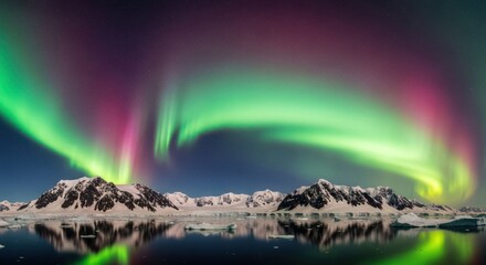 Colorful Aurora over Mountains and Water in the Antarctic Night