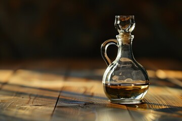 Small glass jug containing oil resting on wooden table with cork and handle