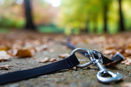 Empty dog leash lying on the ground in a park covered with dry fallen leaves, suggesting a lost dog