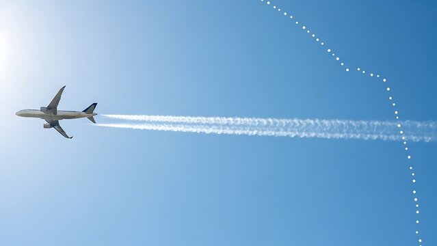 Airplane flying in blue sky with contrail and dotted trail chemtrail